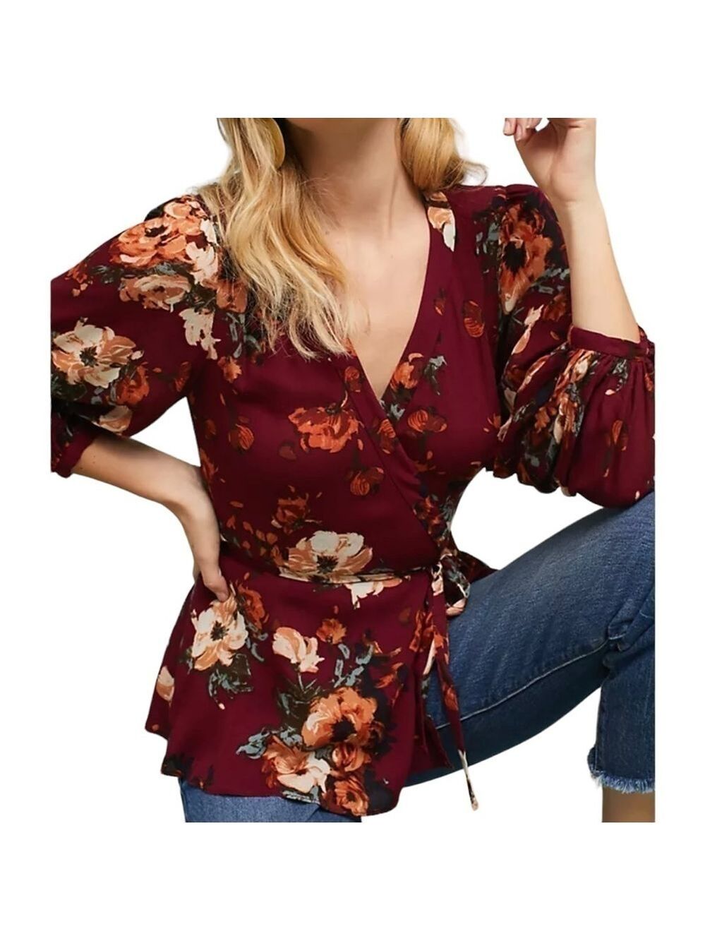 Anthropologie HD in Paris Gail Wrap Blouse Floral Top Deep V Neckline Size US 6